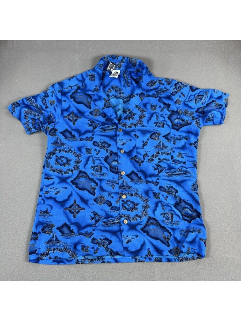 Kennington Ltd Shirt Mens Size M Blue Hawaiian Map Polyester Short Sleeve Casual